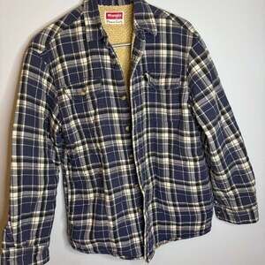 Wrangler Sherpa Lined Blue Plaid Flannel Shacket Fall Outdoorsy Womens Small